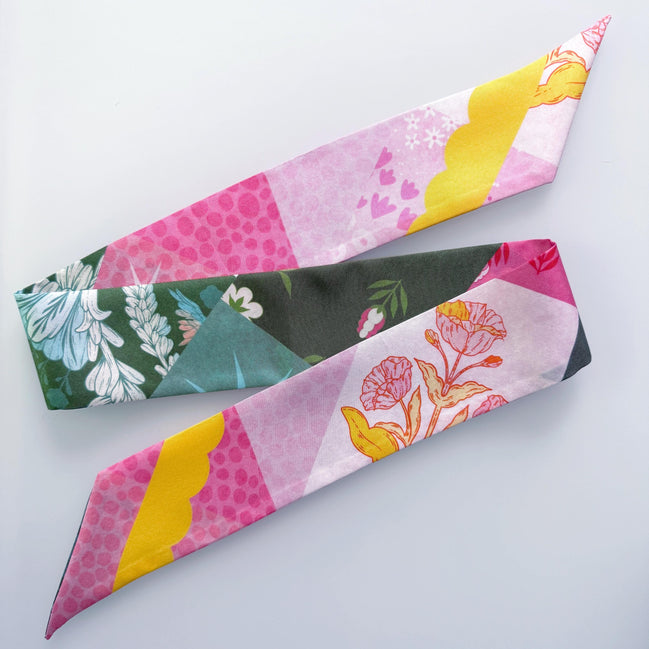 SKINNY SILK SCARF | Patchwork Meadow - 100% Silk, Versatile Floral Scarf and Bow Accessory 39" Length