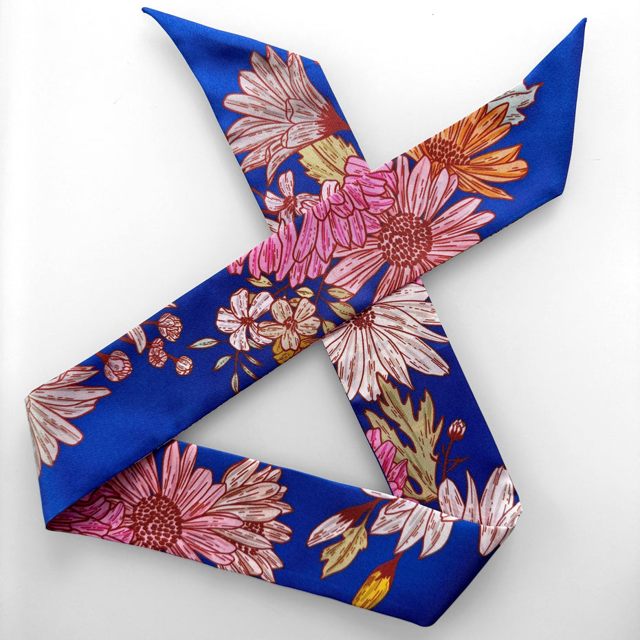 SKINNY SILK SCARF | Floral Buzz - 100% Silk, Versatile Floral Scarf and Bow Accessory