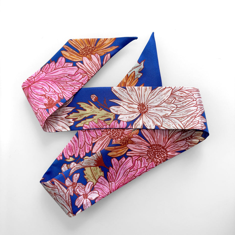 SKINNY SILK SCARF | Floral Buzz - 100% Silk, Versatile Floral Scarf and Bow Accessory