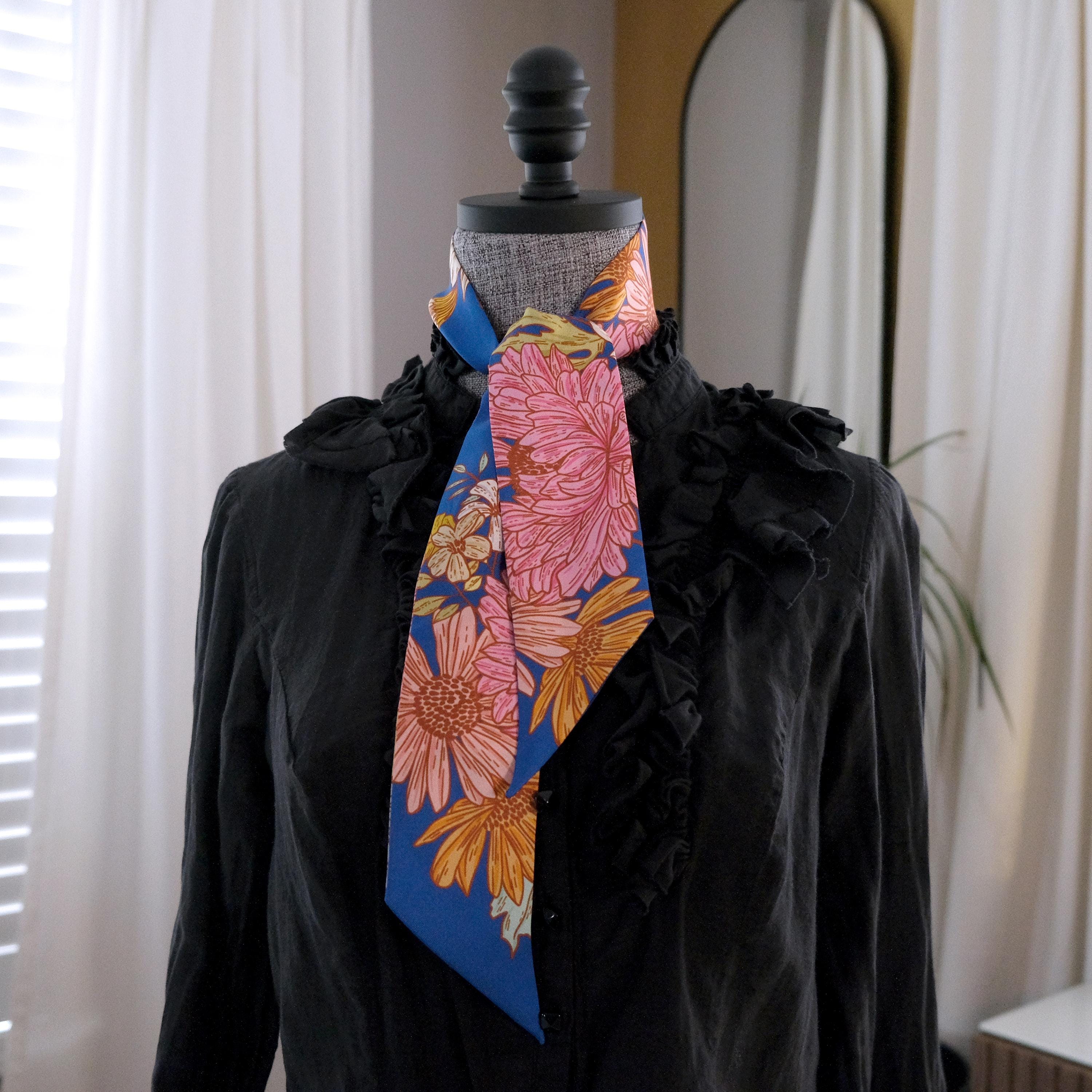 SKINNY SILK SCARF | Floral Buzz - 100% Silk, Versatile Floral Scarf and Bow Accessory