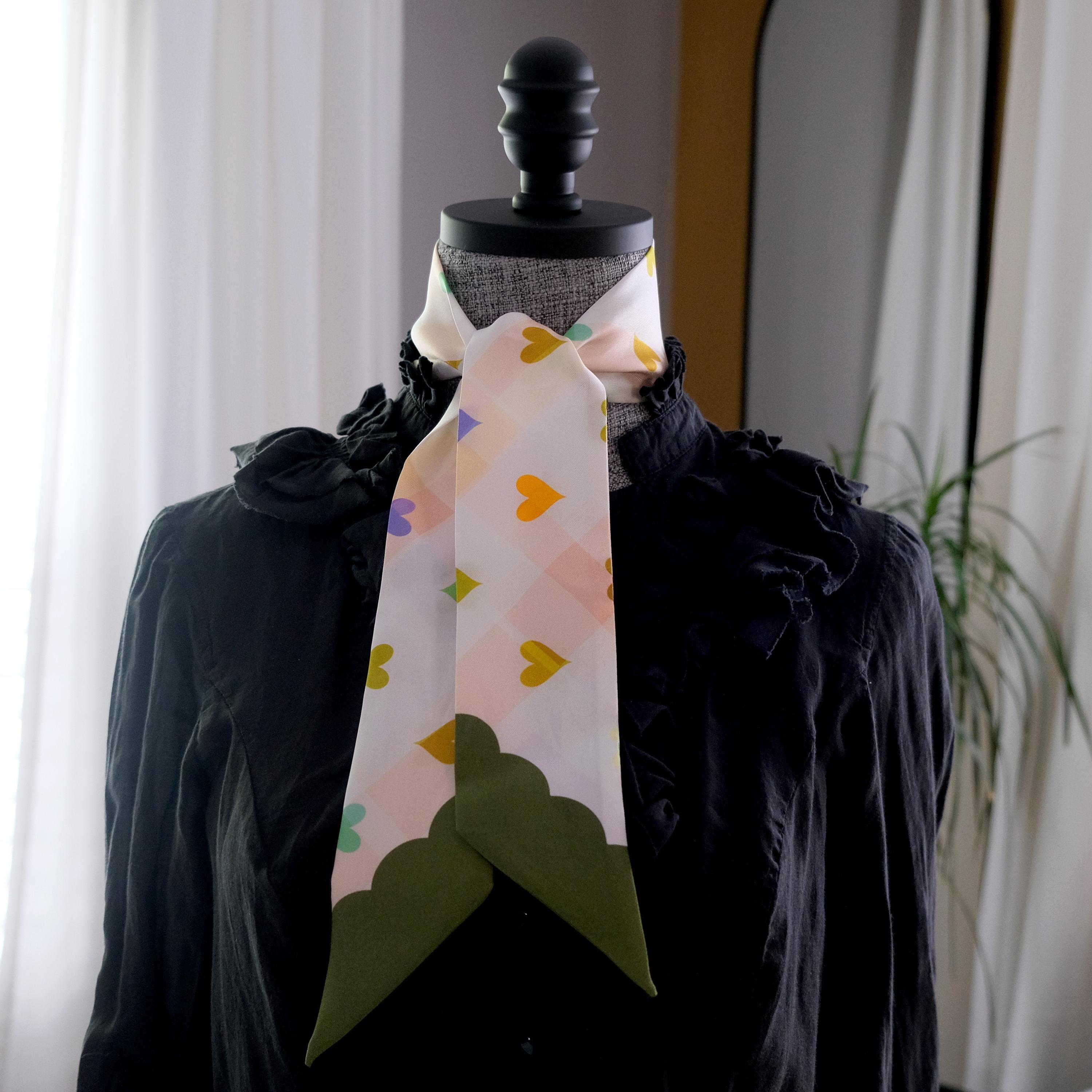 SKINNY SILK SCARF | Garden Hearts - 100% Silk, Versatile Floral Scarf and Bow Accessory