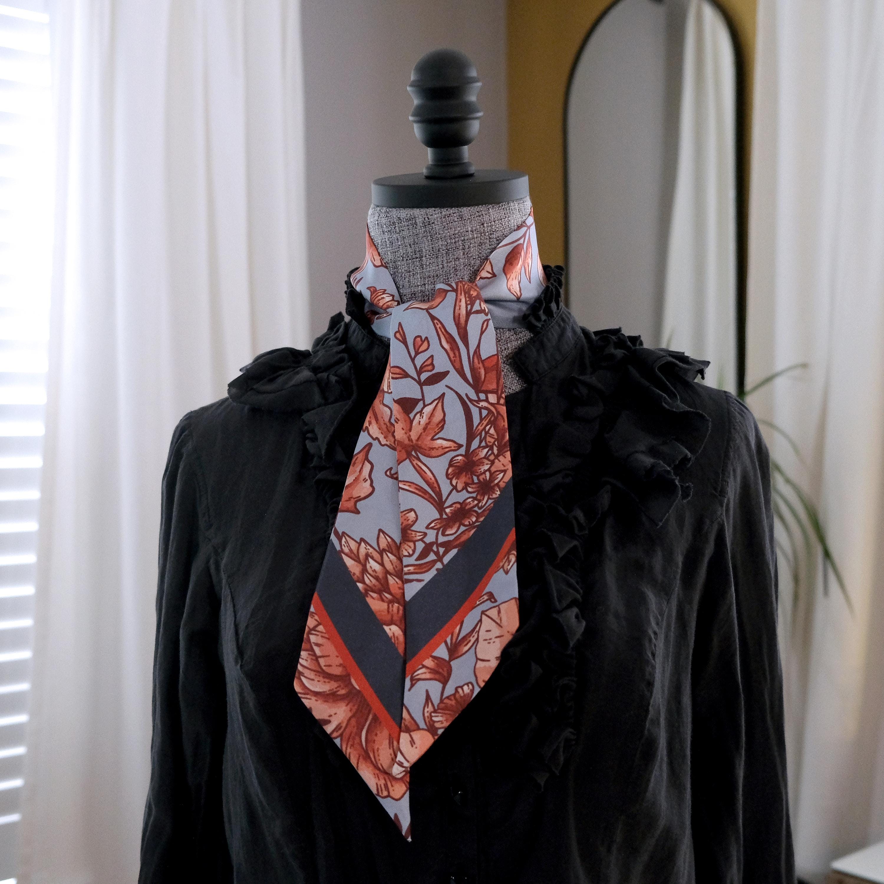 SKINNY SILK SCARF | Inked Rose - 100% Silk, Versatile Floral Scarf and Bow Accessory