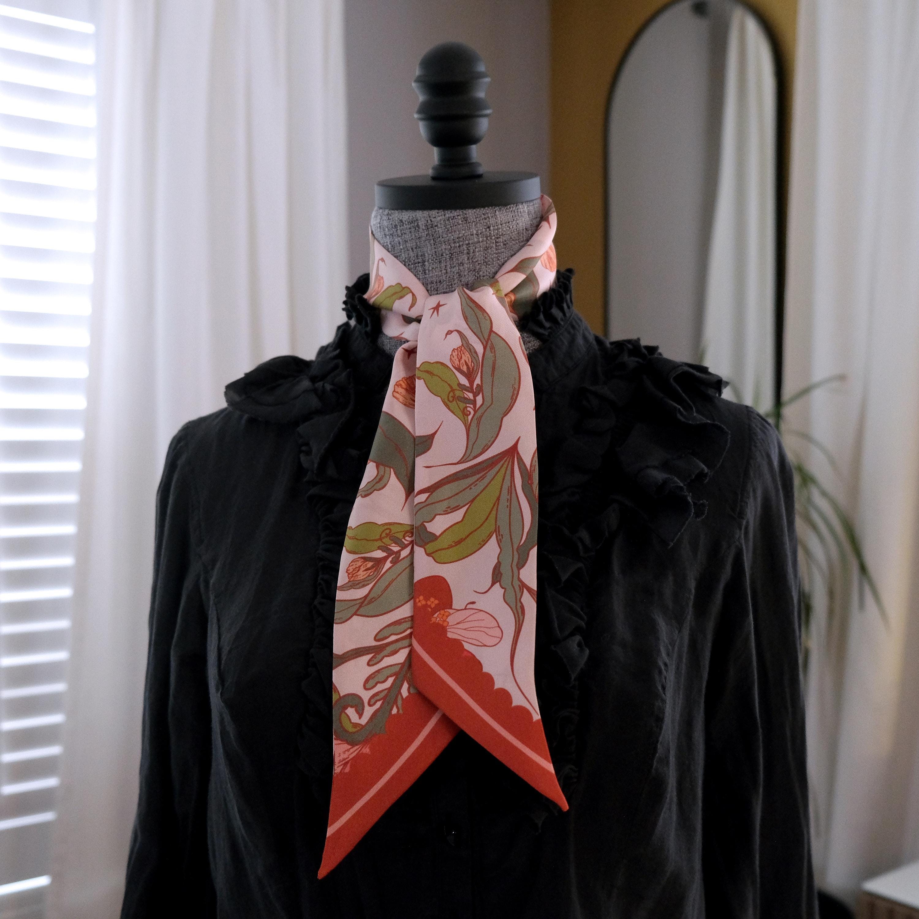 SKINNY SILK SCARF | Lady Bug Fleur - 100% Silk, Versatile Floral Scarf and Bow Accessory