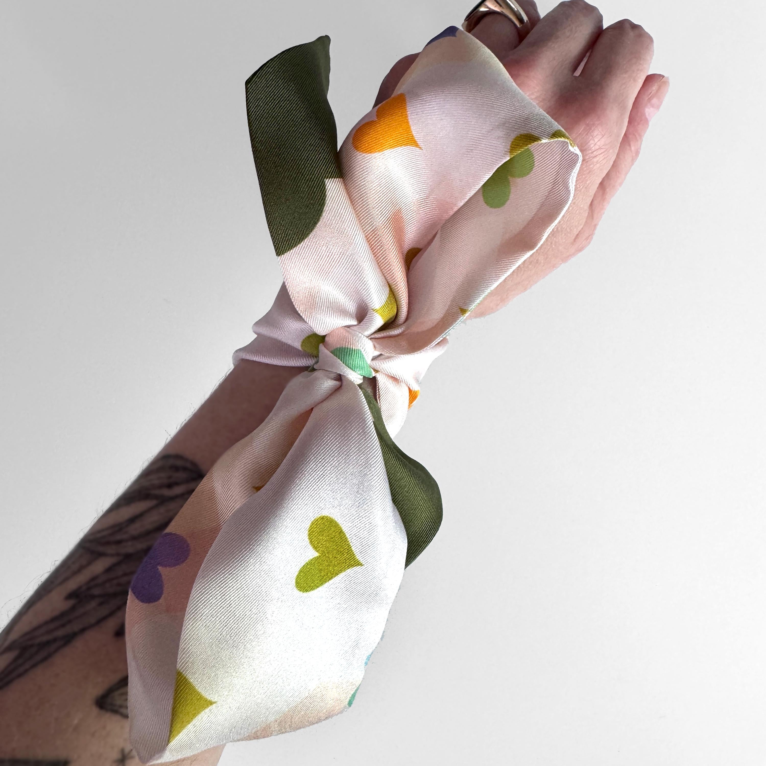 SKINNY SILK SCARF | Garden Hearts - 100% Silk, Versatile Floral Scarf and Bow Accessory