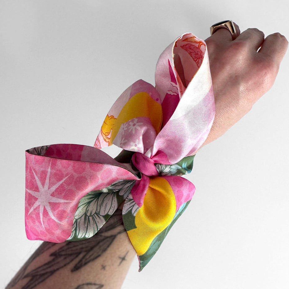 SKINNY SILK SCARF | Patchwork Meadow - 100% Silk, Versatile Floral Scarf and Bow Accessory