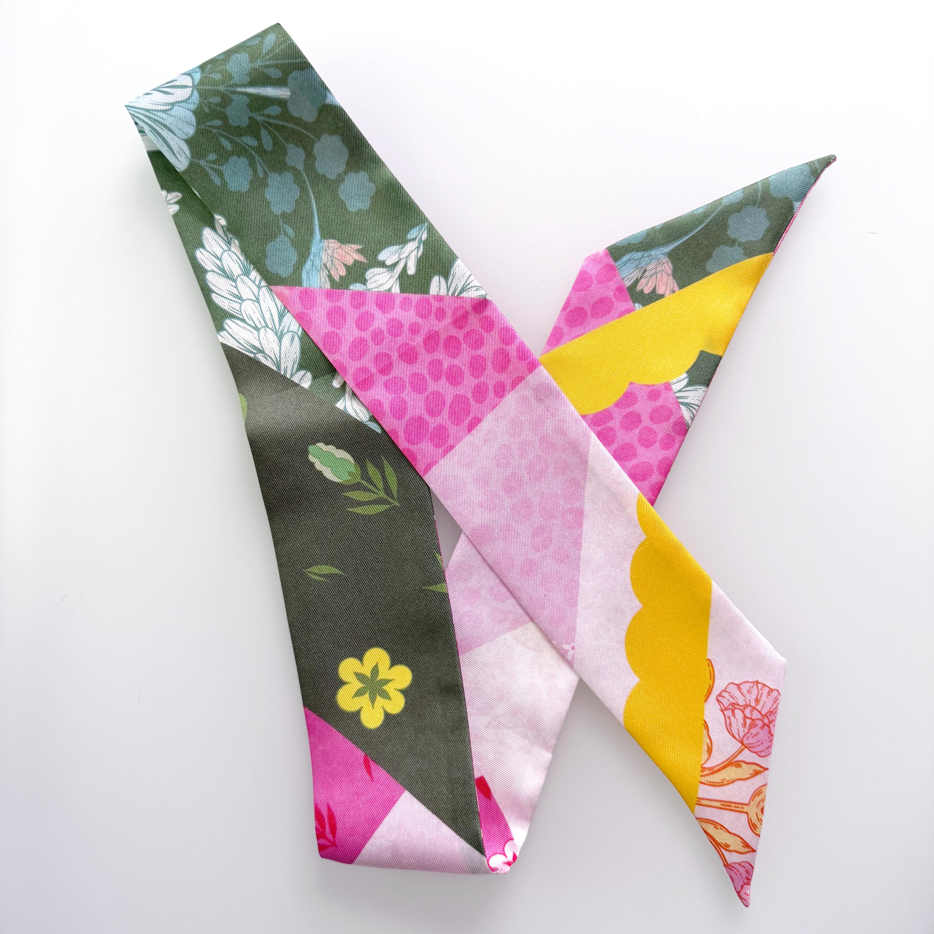 SKINNY SILK SCARF | Patchwork Meadow - 100% Silk, Versatile Floral Scarf and Bow Accessory