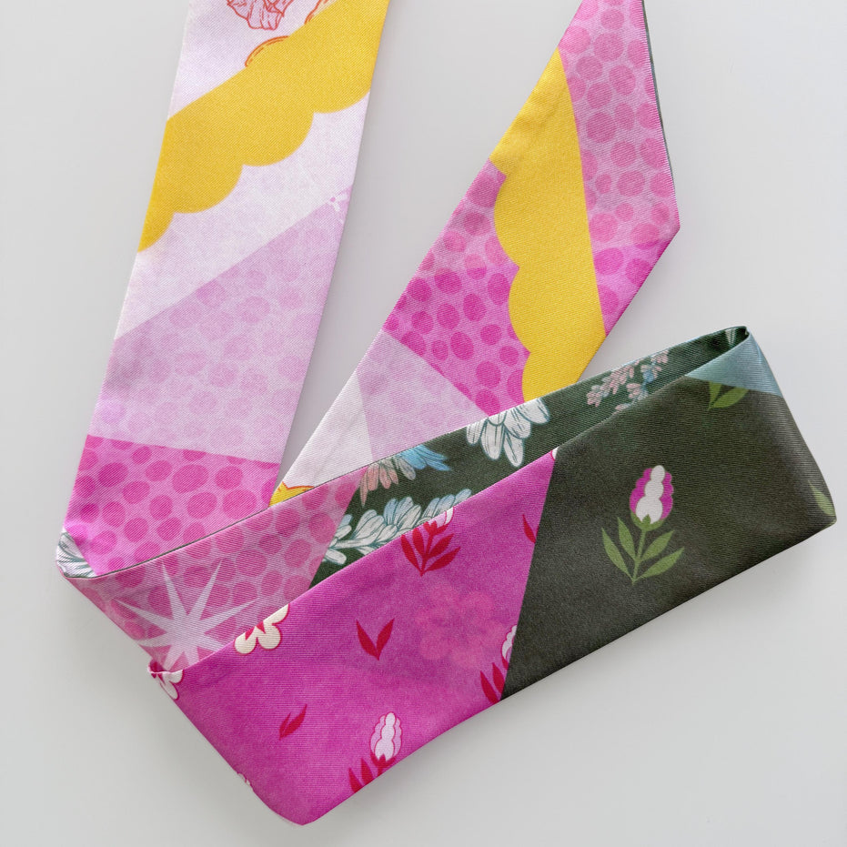 SKINNY SILK SCARF | Patchwork Meadow - 100% Silk, Versatile Floral Scarf and Bow Accessory