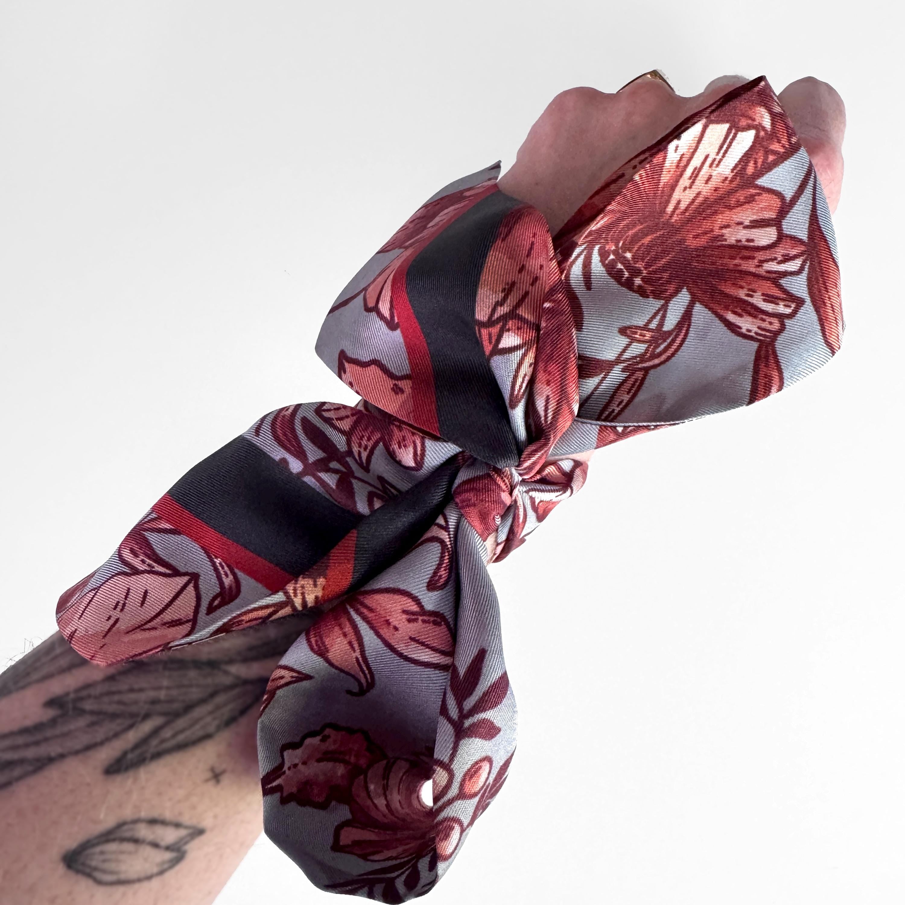 SKINNY SILK SCARF | Inked Rose - 100% Silk, Versatile Floral Scarf and Bow Accessory