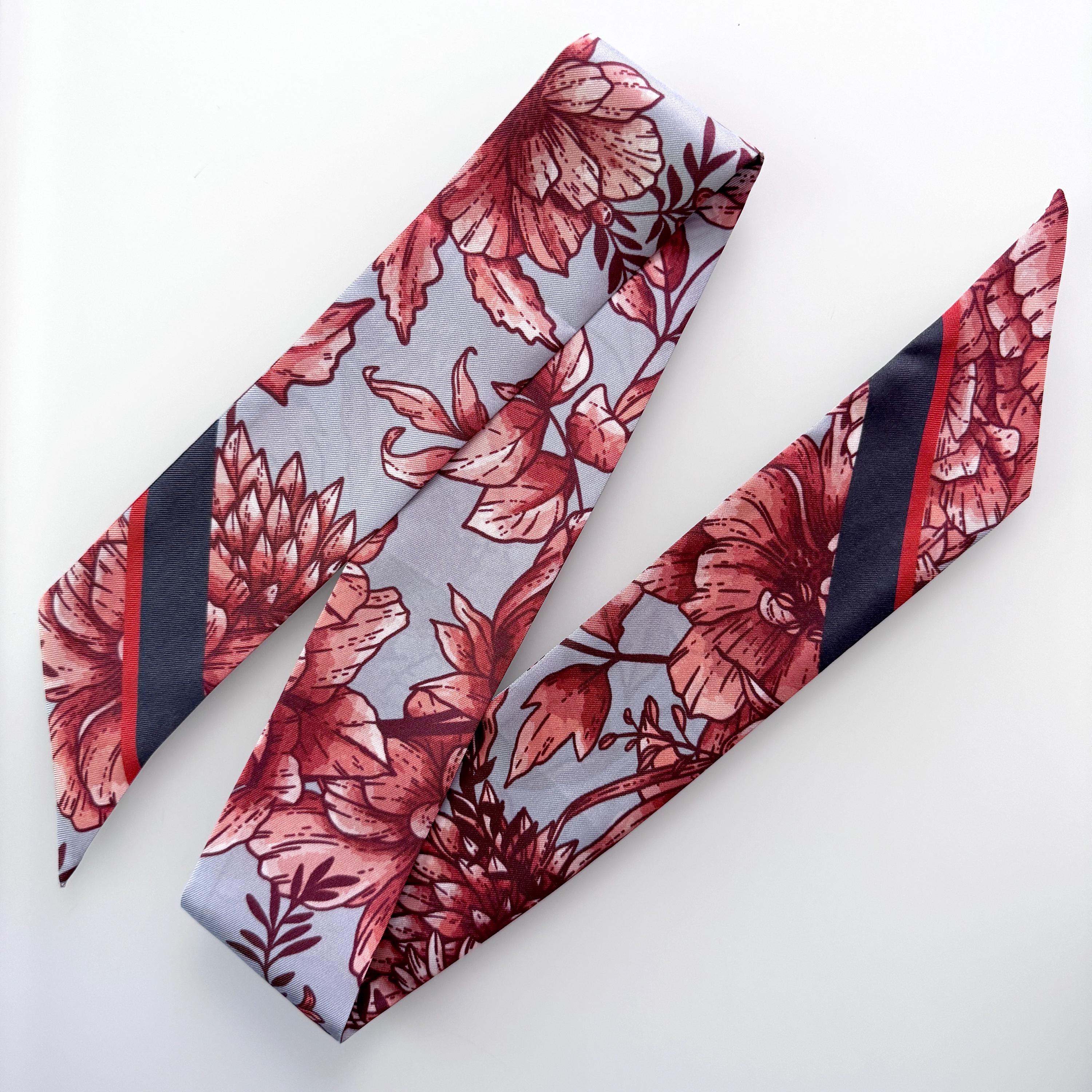 SKINNY SILK SCARF | Inked Rose - 100% Silk, Versatile Floral Scarf and Bow Accessory