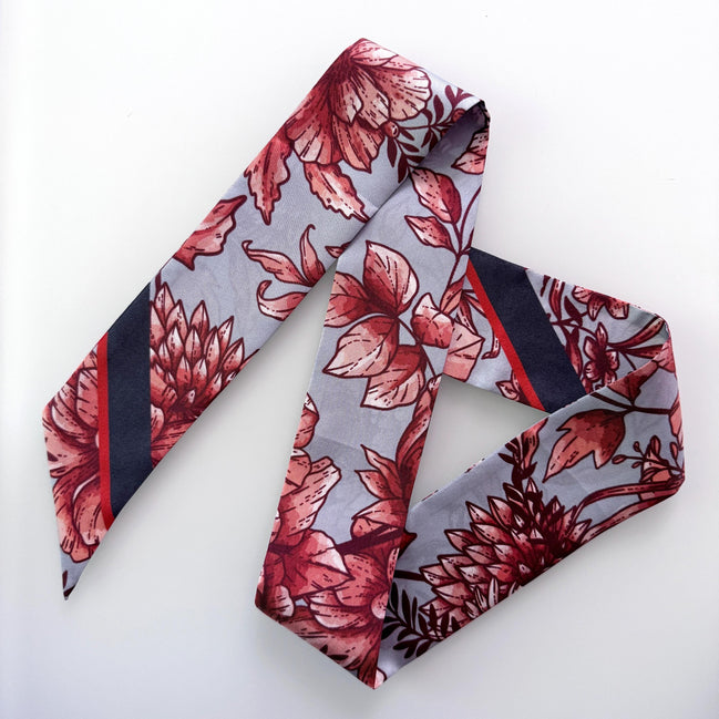 SKINNY SILK SCARF | Inked Rose - 100% Silk, Versatile Floral Scarf and Bow Accessory 39" Length