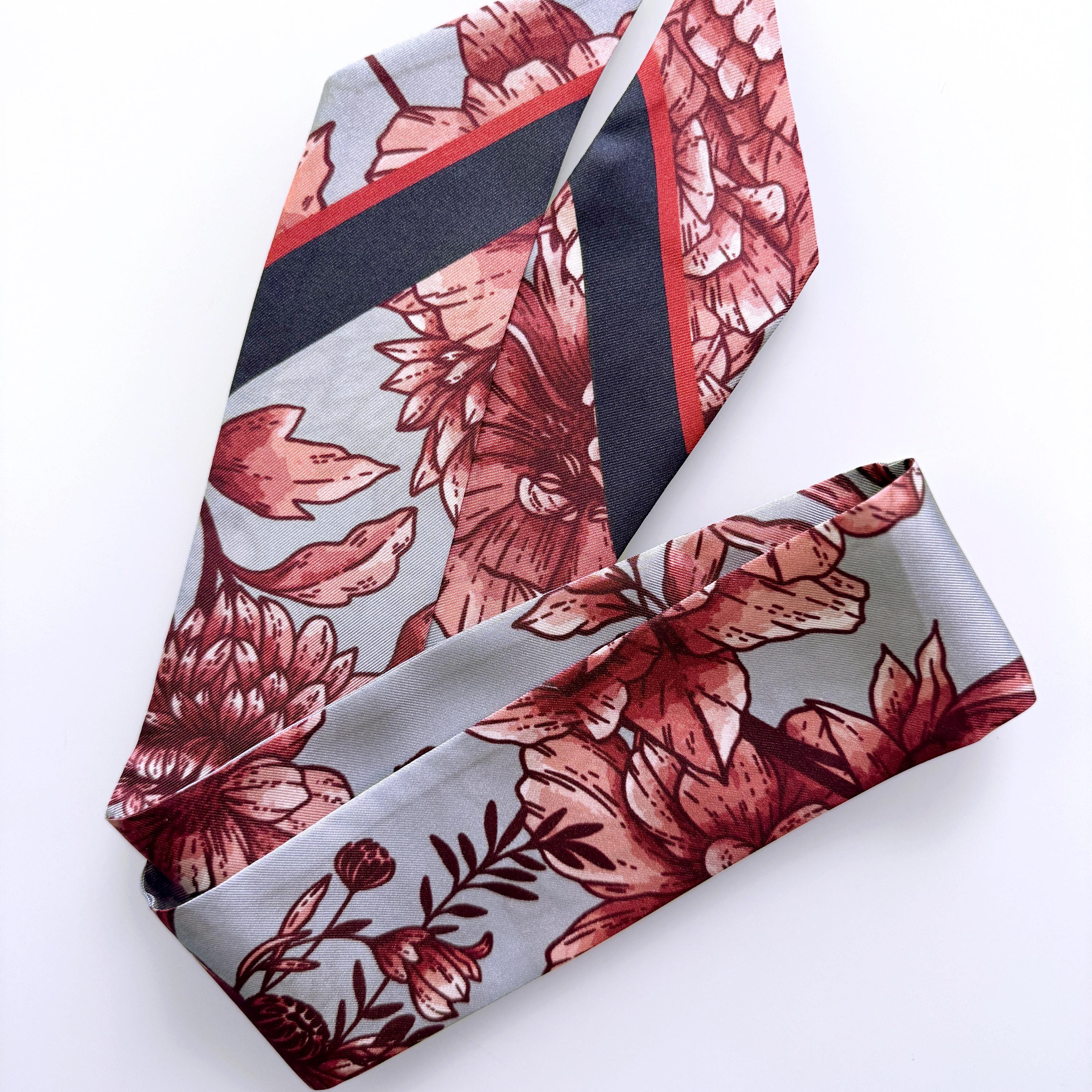 SKINNY SILK SCARF | Inked Rose - 100% Silk, Versatile Floral Scarf and Bow Accessory