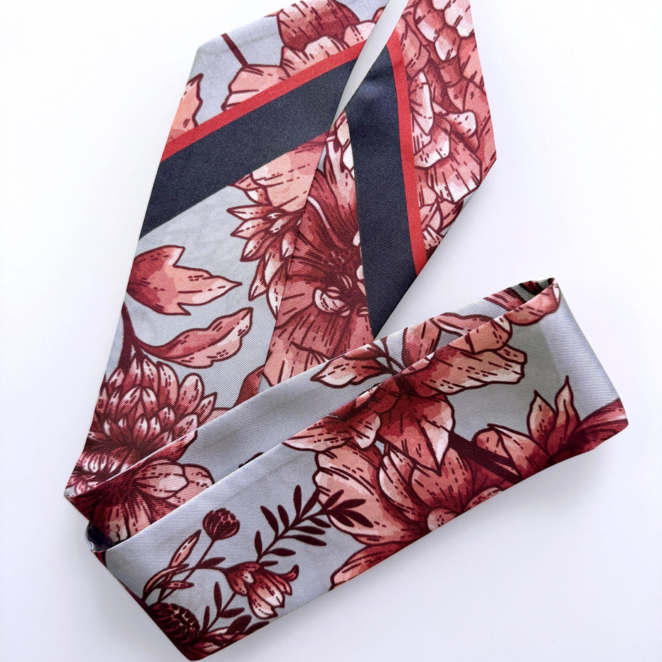 SKINNY SILK SCARF | Inked Rose - 100% Silk, Versatile Floral Scarf and Bow Accessory