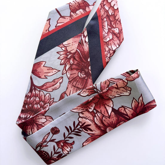 SKINNY SILK SCARF | Inked Rose - 100% Silk, Versatile Floral Scarf and Bow Accessory