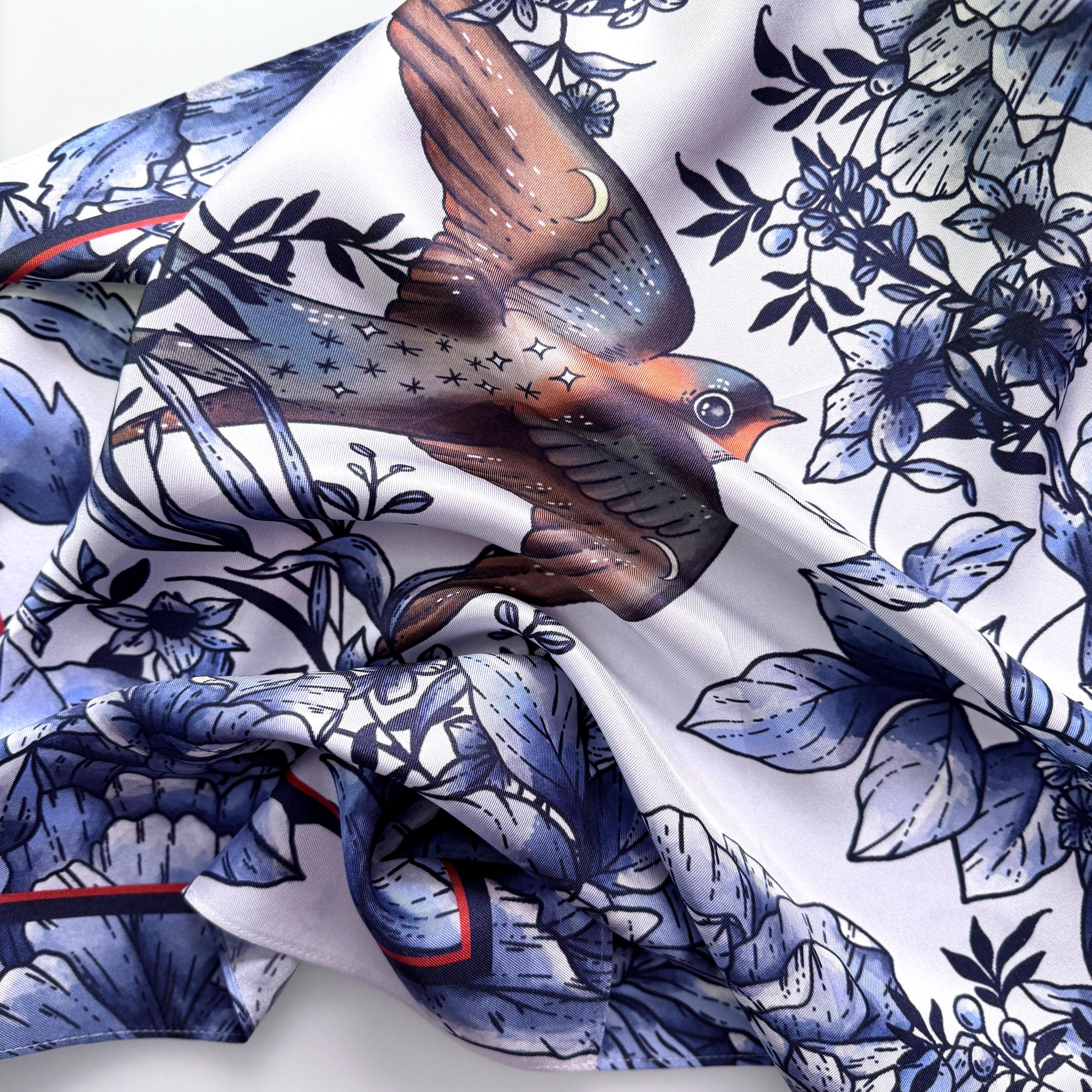 SILK COTTON SCARF | Swallow & Bloom - Square Silk Cotton, Versatile Floral Scarf and Bow Accessory