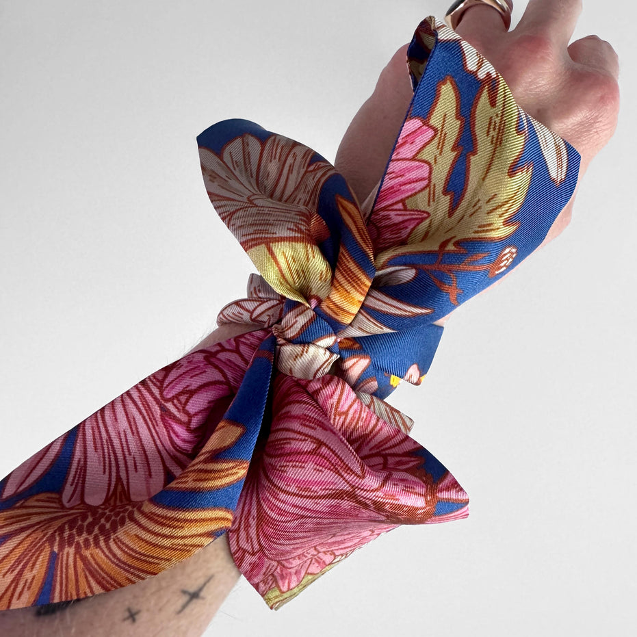 SKINNY SILK SCARF | Floral Buzz - 100% Silk, Versatile Floral Scarf and Bow Accessory