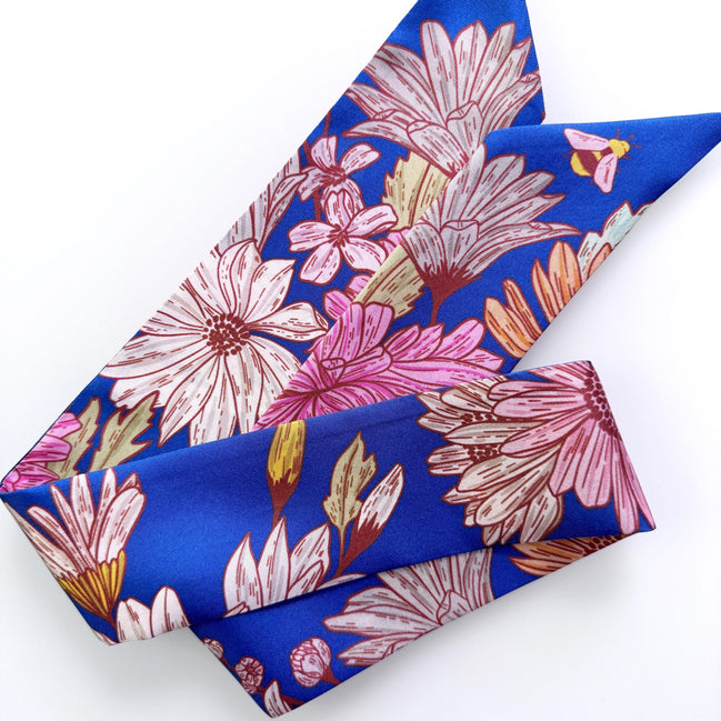 SKINNY SILK SCARF | Floral Buzz - 100% Silk, Versatile Floral Scarf and Bow Accessory 39" Length