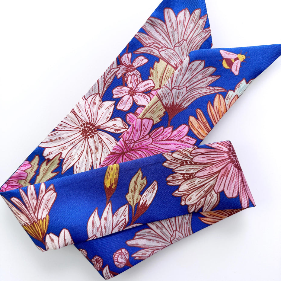 SKINNY SILK SCARF | Floral Buzz - 100% Silk, Versatile Floral Scarf and Bow Accessory