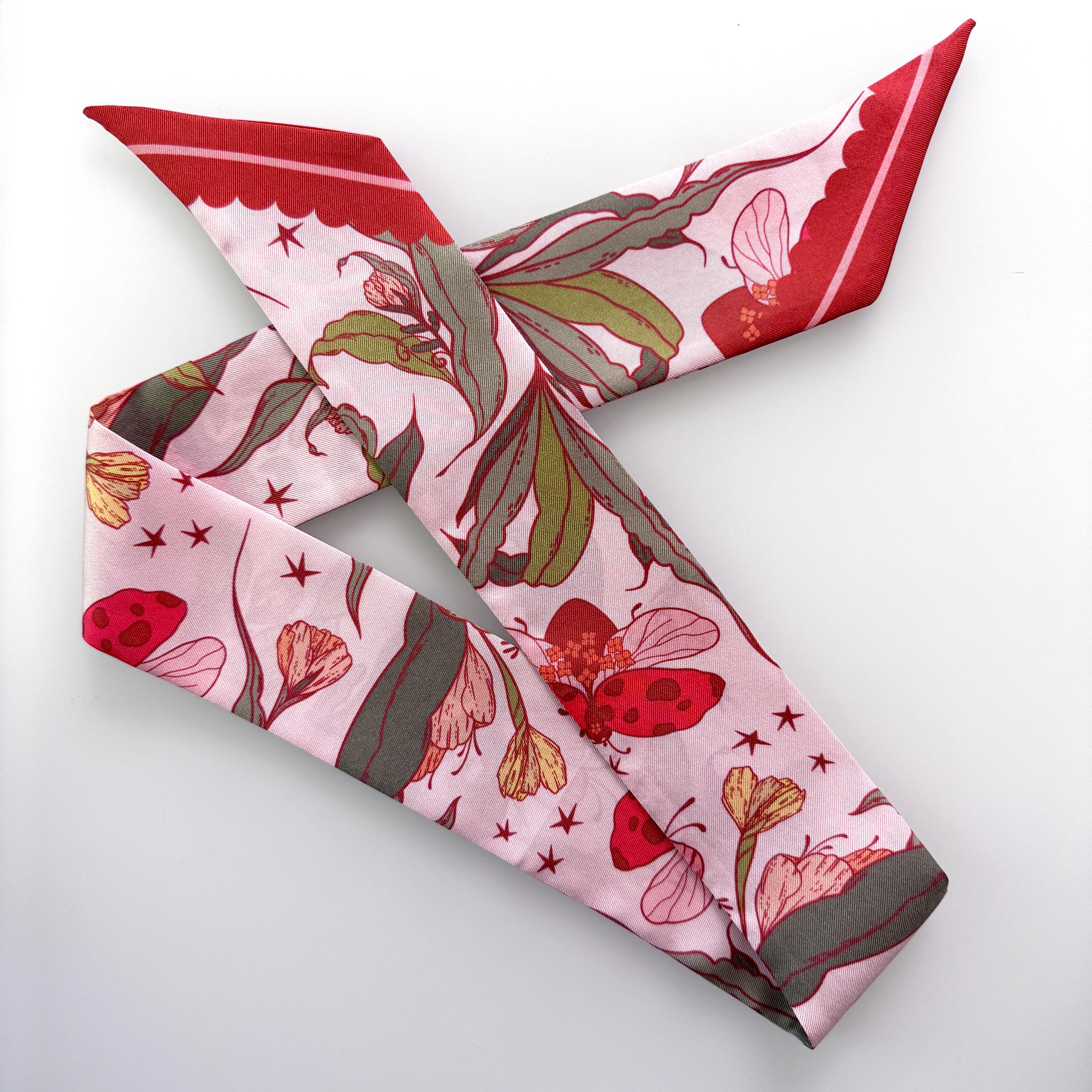 SKINNY SILK SCARF | Lady Bug Fleur - 100% Silk, Versatile Floral Scarf and Bow Accessory