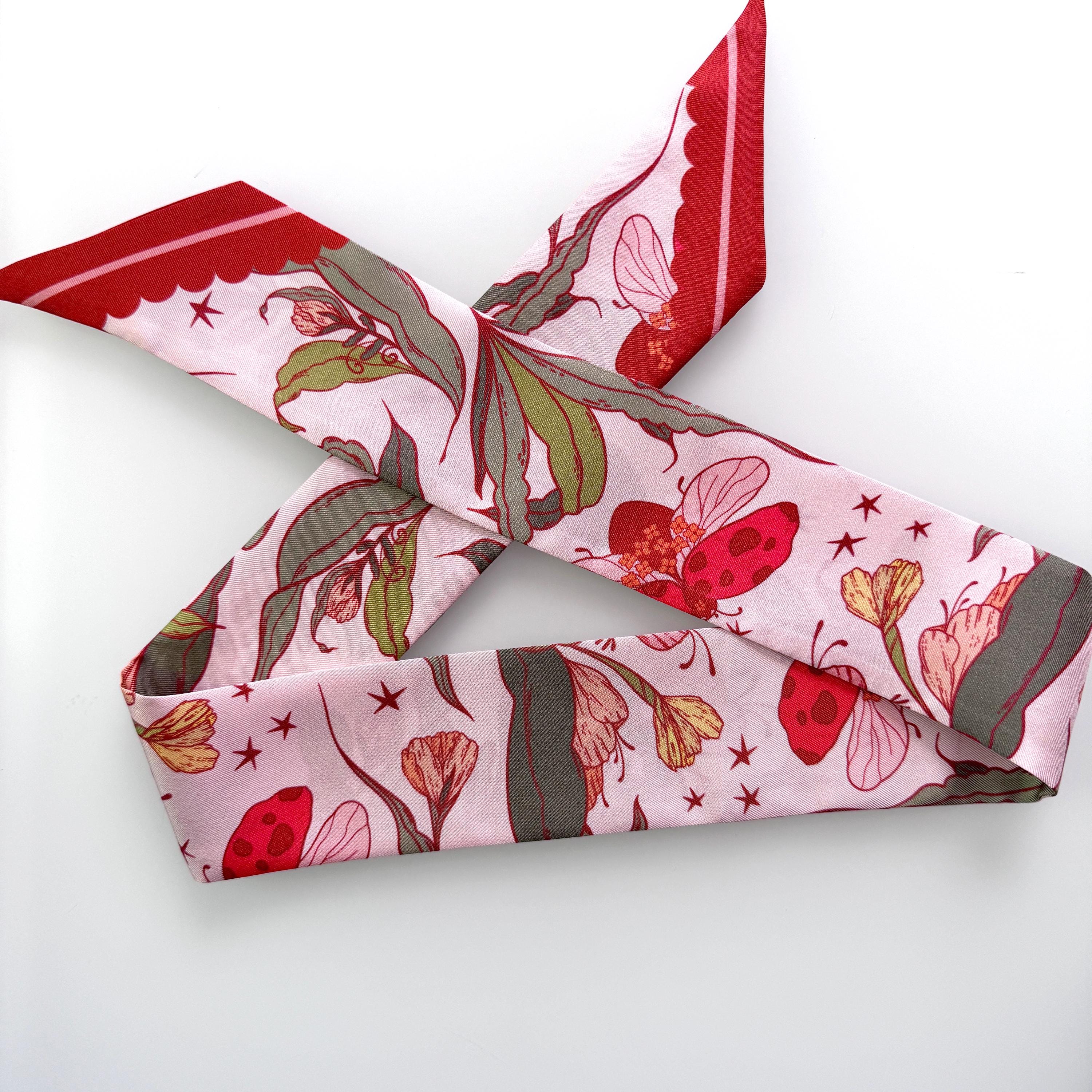 SKINNY SILK SCARF | Lady Bug Fleur - 100% Silk, Versatile Floral Scarf and Bow Accessory