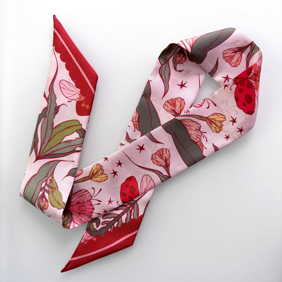 SKINNY SILK SCARF | Lady Bug Fleur - 100% Silk, Versatile Floral Scarf and Bow Accessory