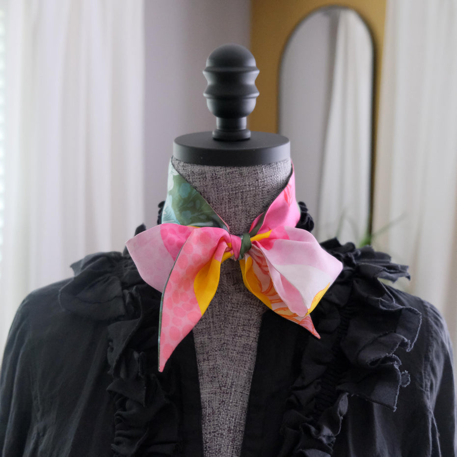 SKINNY SILK SCARF | Patchwork Meadow - 100% Silk, Versatile Floral Scarf and Bow Accessory