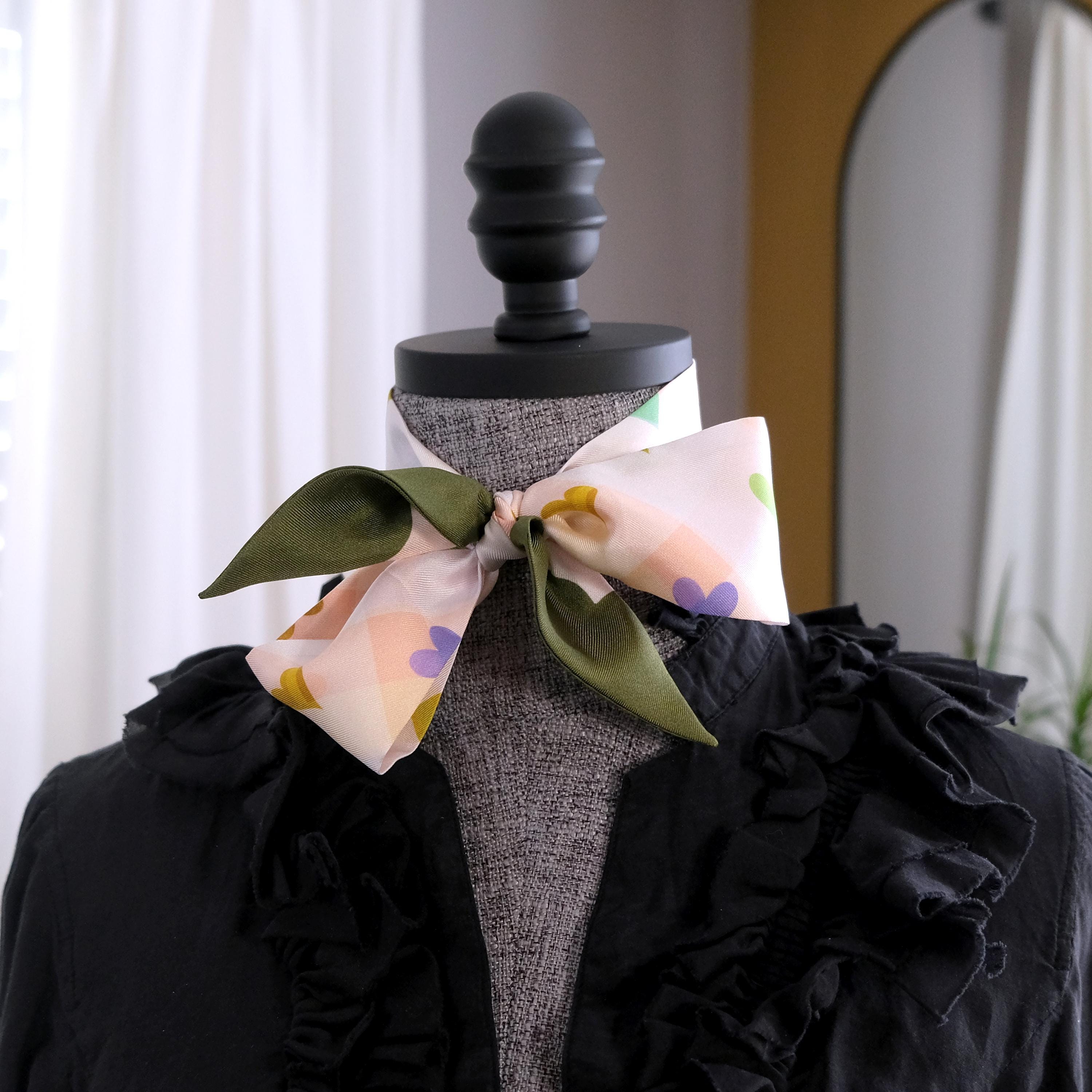SKINNY SILK SCARF | Garden Hearts - 100% Silk, Versatile Floral Scarf and Bow Accessory