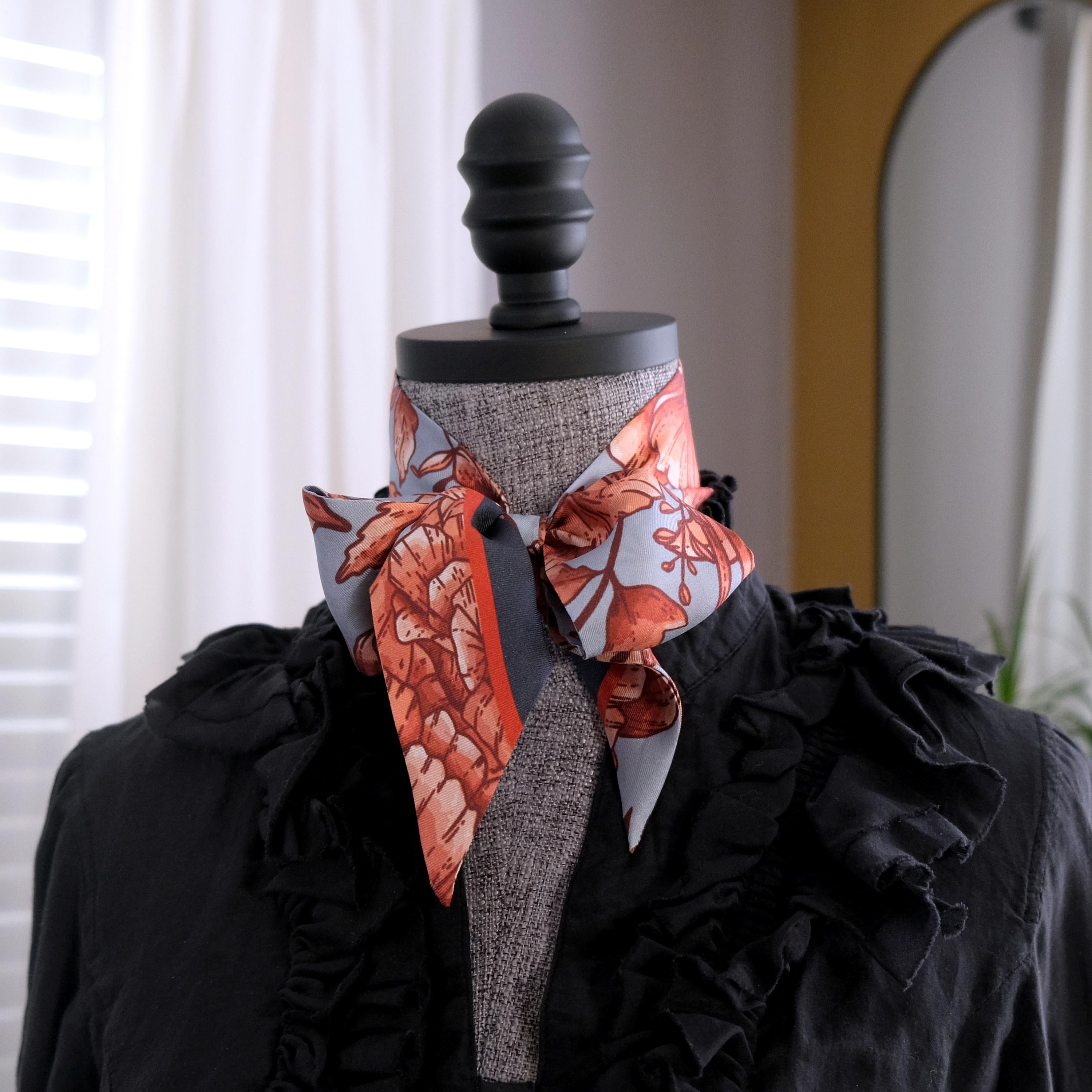 SKINNY SILK SCARF | Inked Rose - 100% Silk, Versatile Floral Scarf and Bow Accessory