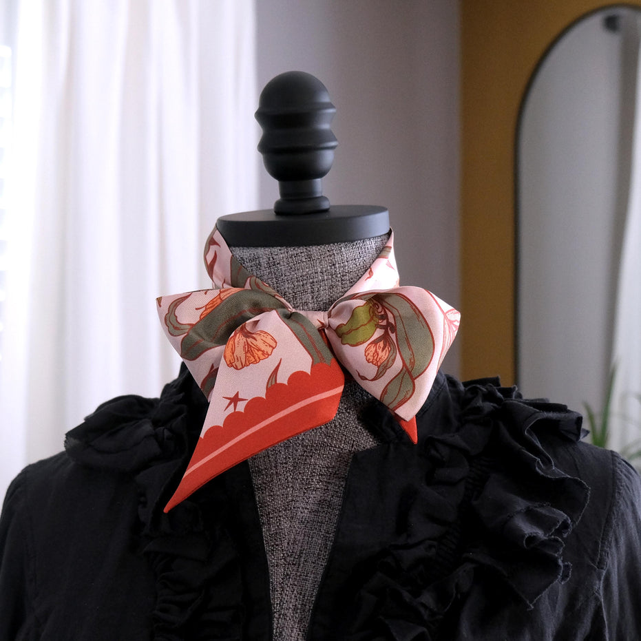 SKINNY SILK SCARF | Lady Bug Fleur - 100% Silk, Versatile Floral Scarf and Bow Accessory