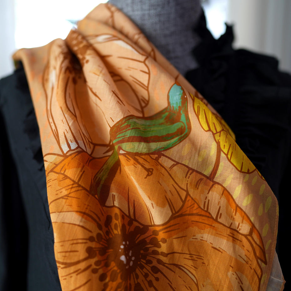 SILK COTTON SCARF | Burnished Bloom - Versatile Floral Square Scarf and Bow Accessory
