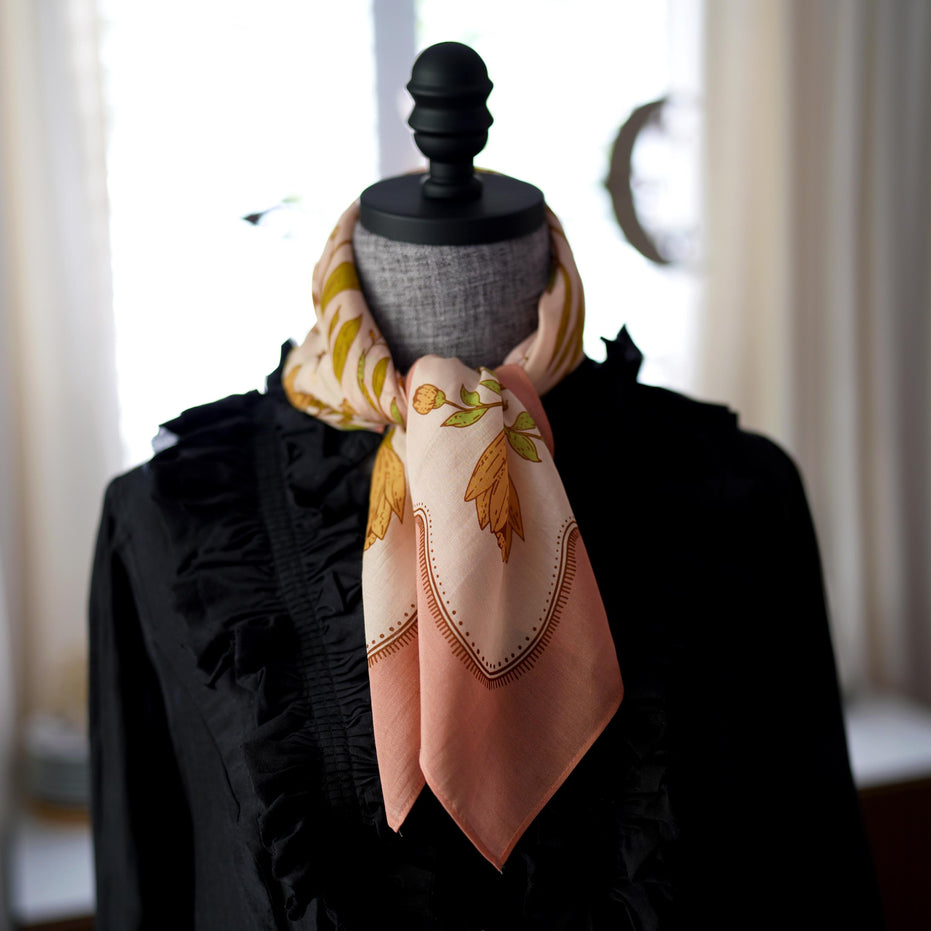 SILK COTTON SCARF | Meadow Reverie - Versatile Floral Square Scarf and Bow Accessory