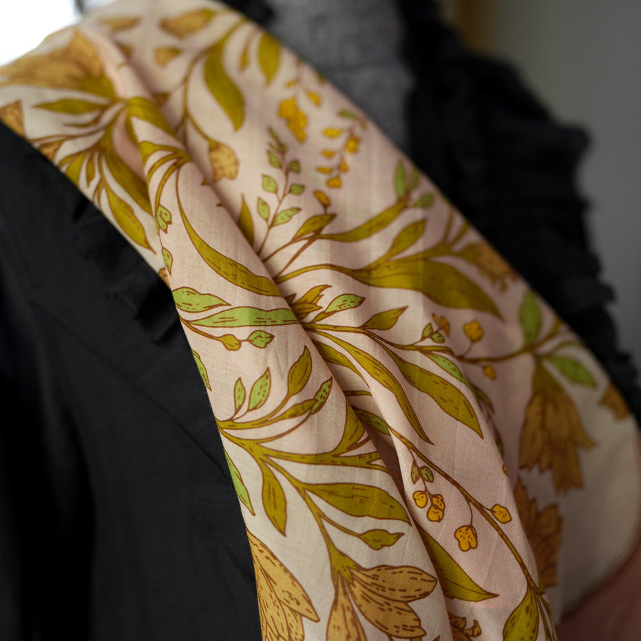 SILK COTTON SCARF | Meadow Reverie - Versatile Floral Square Scarf and Bow Accessory