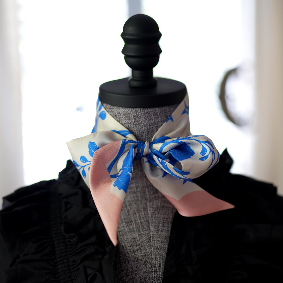 SKINNY SILK SCARF | Moonlit Blooms - 100% Silk, Versatile Floral Scarf and Bow Accessory 39" Length