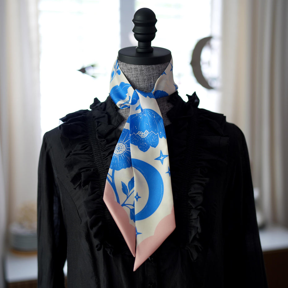SKINNY SILK SCARF | Moonlit Blooms - 100% Silk, Versatile Floral Scarf and Bow Accessory 39" Length