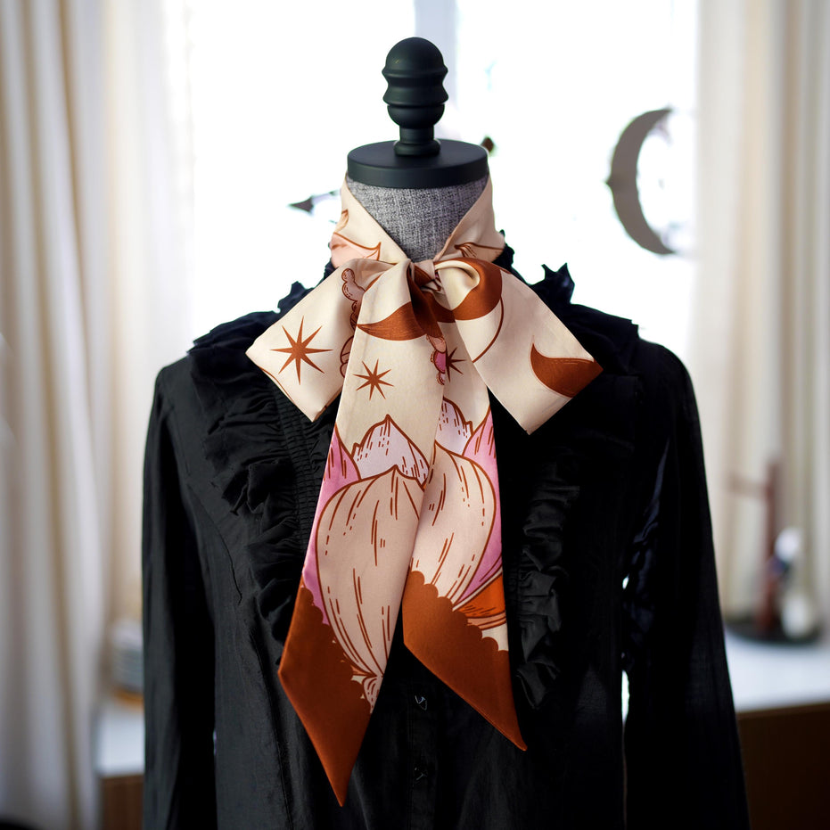 SKINNY SILK SCARF | Celestial Blush - 100% Silk, Versatile Floral Scarf and Bow Accessory 65" Length