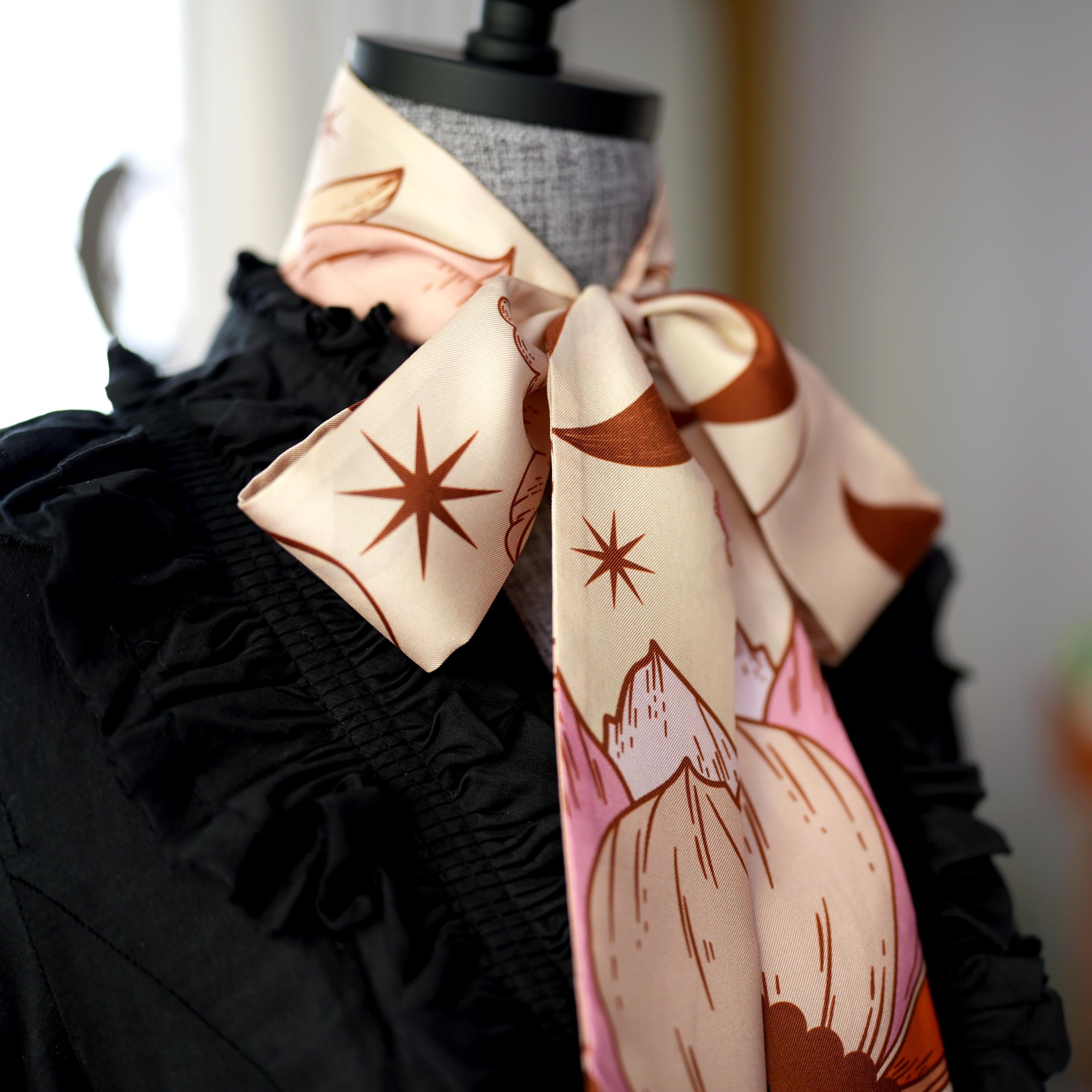 SKINNY SILK SCARF | Celestial Blush - 100% Silk, Versatile Floral Scarf and Bow Accessory 65