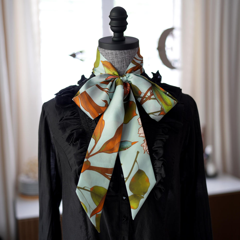 SKINNY SILK SCARF | Woodland Sky - 100% Silk, Versatile Floral Scarf and Bow Accessory 65" Length