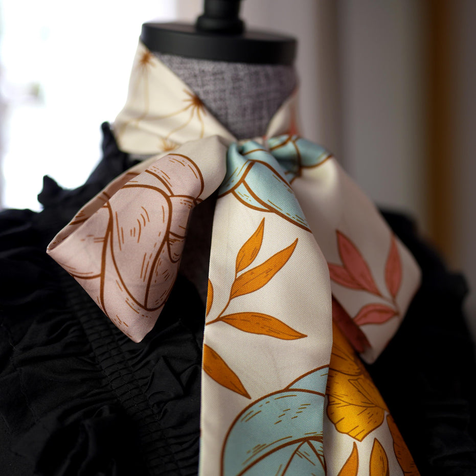 SKINNY SILK SCARF | Prairie Dawn - 100% Silk, Versatile Floral Scarf and Bow Accessory 65" Length