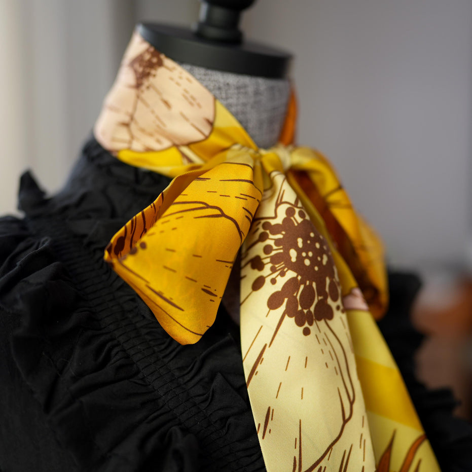 SKINNY SILK SCARF | Saffron Bloom - 100% Silk, Versatile Floral Scarf and Bow Accessory 65" Length