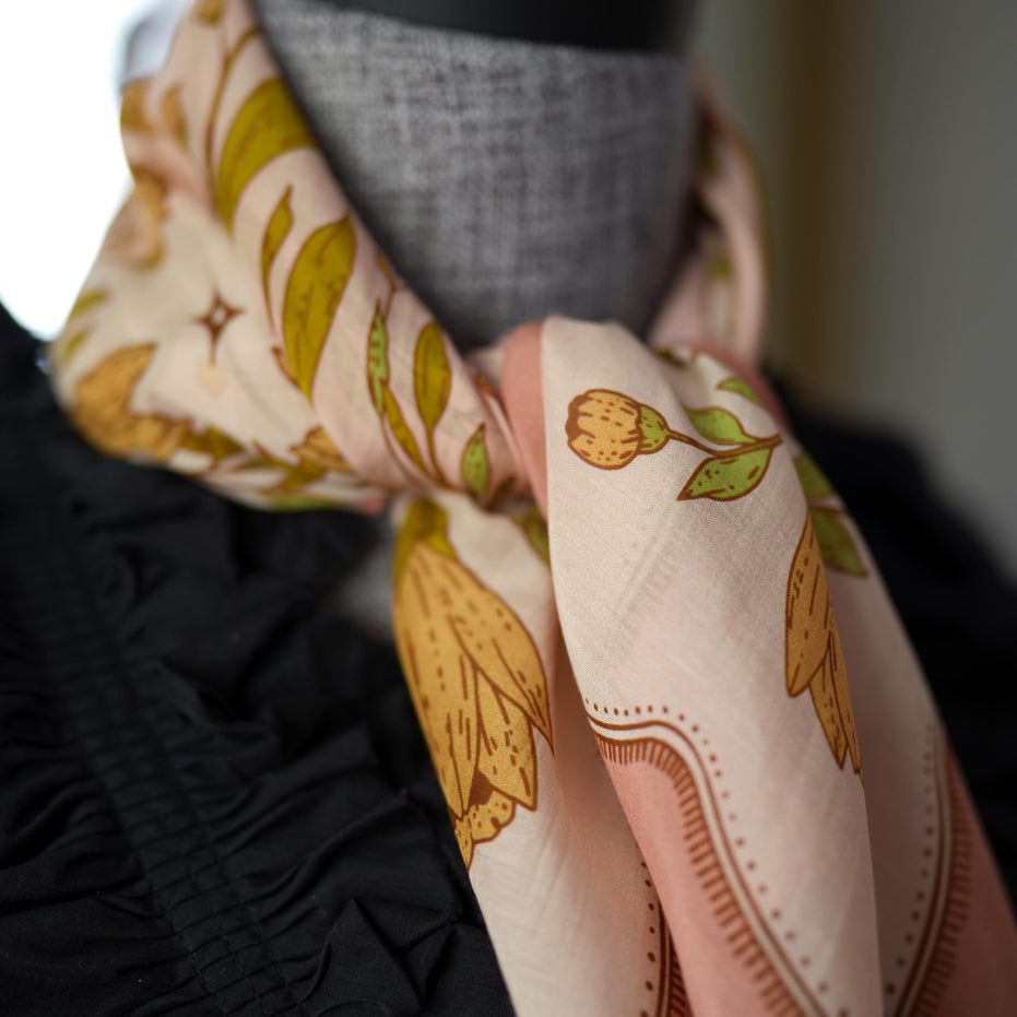 SILK COTTON SCARF | Meadow Reverie - Versatile Floral Square Scarf and Bow Accessory