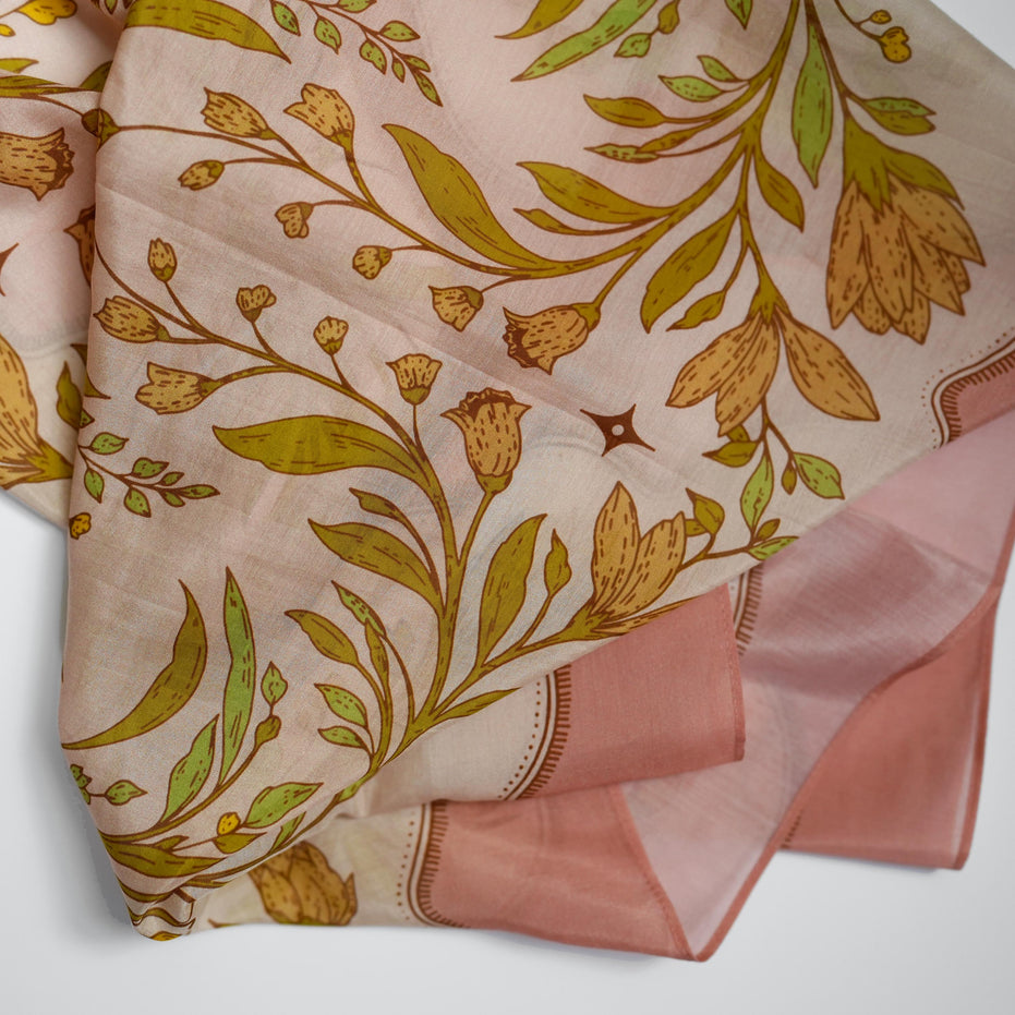 SILK COTTON SCARF | Meadow Reverie - Versatile Floral Square Scarf and Bow Accessory