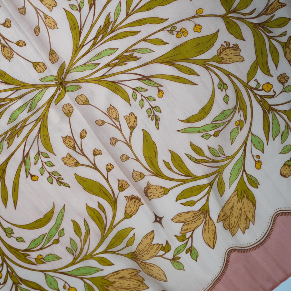 SILK COTTON SCARF | Meadow Reverie - Versatile Floral Square Scarf and Bow Accessory