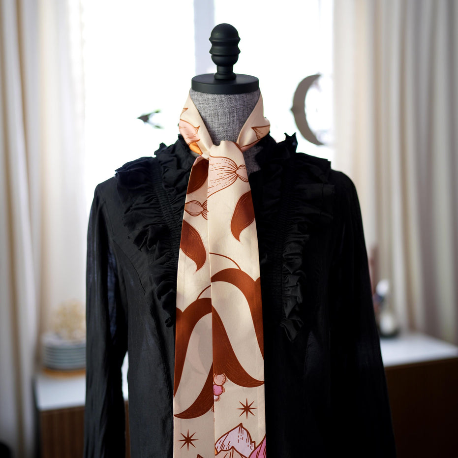 SKINNY SILK SCARF | Celestial Blush - 100% Silk, Versatile Floral Scarf and Bow Accessory 65" Length