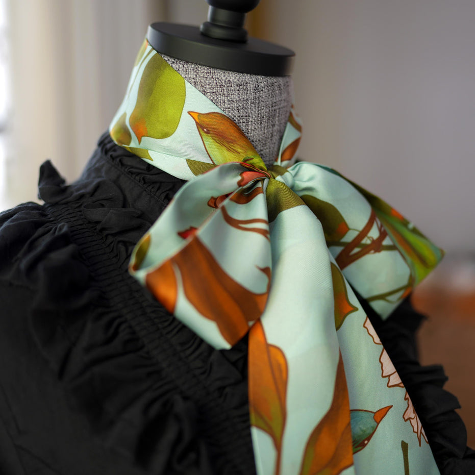 SKINNY SILK SCARF | Woodland Sky - 100% Silk, Versatile Floral Scarf and Bow Accessory 65" Length