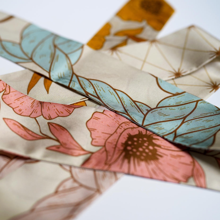 SKINNY SILK SCARF | Prairie Dawn - 100% Silk, Versatile Floral Scarf and Bow Accessory 65" Length