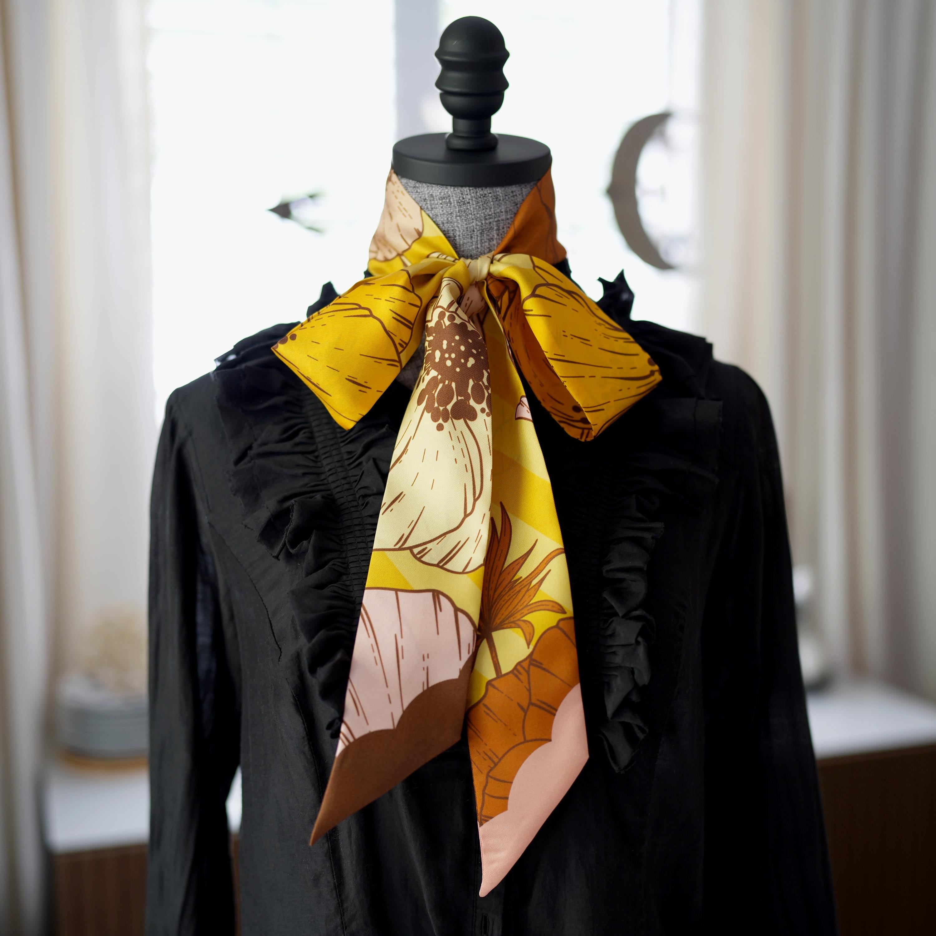 SKINNY SILK SCARF | Saffron Bloom - 100% Silk, Versatile Floral Scarf and Bow Accessory 65