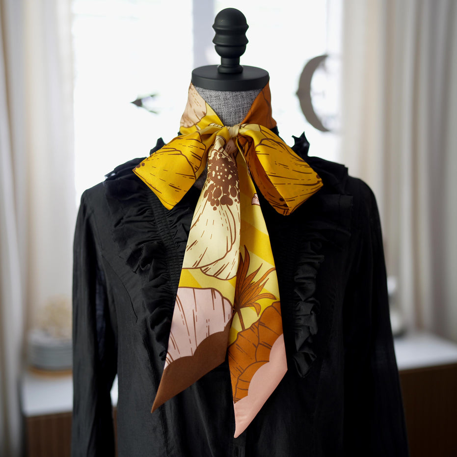 SKINNY SILK SCARF | Saffron Bloom - 100% Silk, Versatile Floral Scarf and Bow Accessory 65" Length
