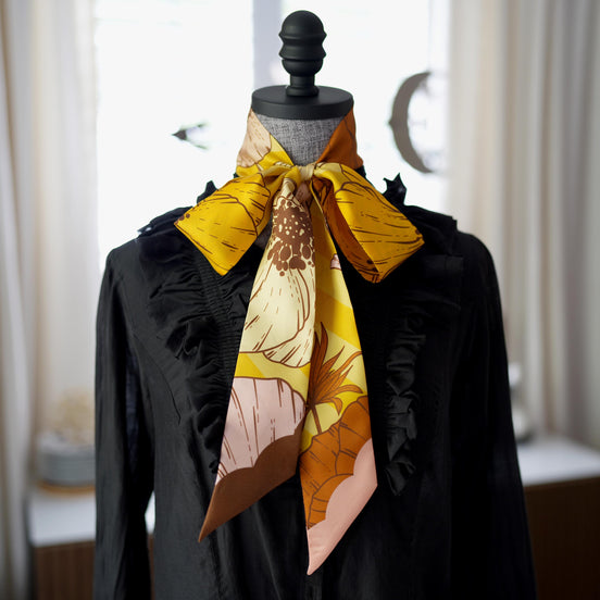 SKINNY SILK SCARF | Saffron Bloom - 100% Silk, Versatile Floral Scarf and Bow Accessory 65" Length