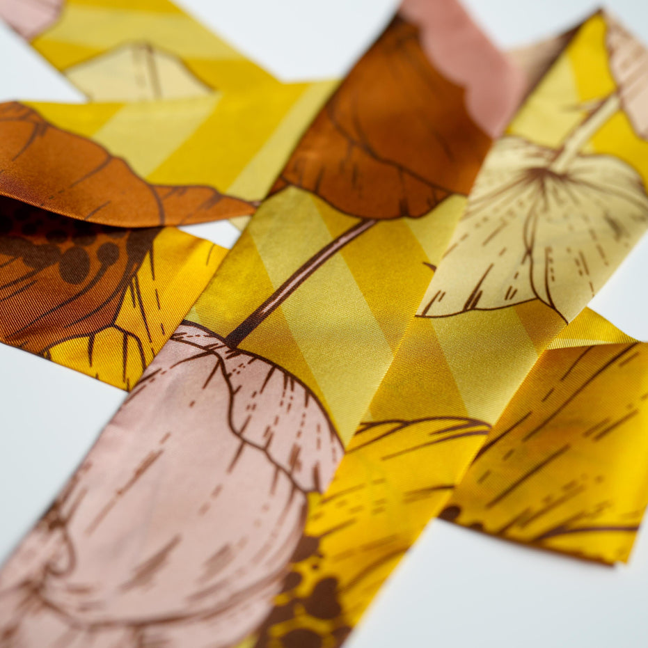 SKINNY SILK SCARF | Saffron Bloom - 100% Silk, Versatile Floral Scarf and Bow Accessory 65" Length